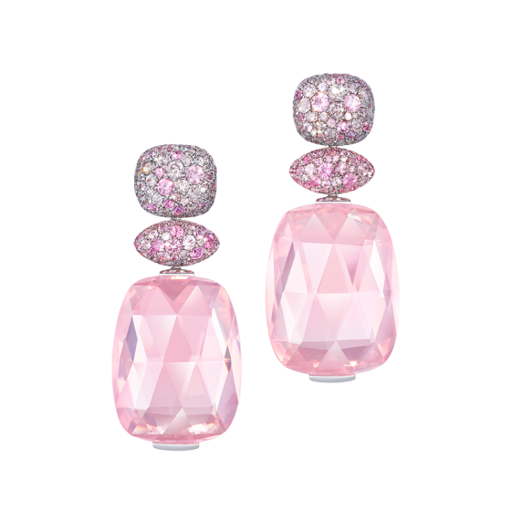 SPRING BLOSSOMS Earrings spring blossom pink-earrings rose-quartz-earrings with rose quartz briolettes in rare cut pink sapphires and white diamonds in 750 white-gold customized bespoke munich jeweler specialty store