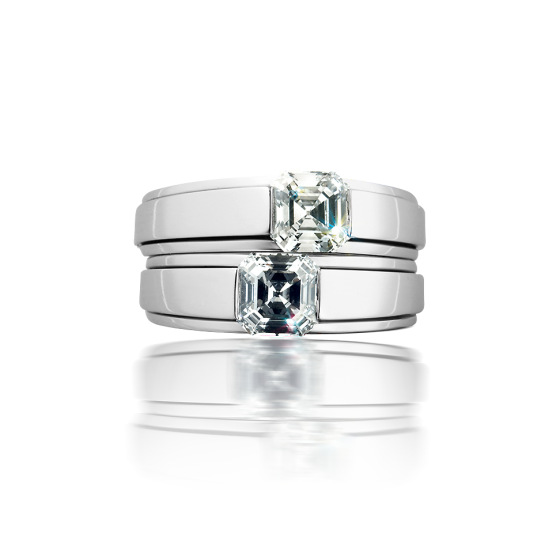 TWINS Ringpaar Zwillinge Diamanten Verlobungsringe 1,12 Karat Asscher Cut dreiteilige Platin-Ringschiene Diamant-Verlobungsring platin-Verlobungsring Diamant-Platin-Verlobungsringe München Ringe