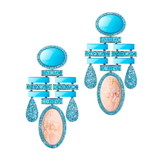 ANAMCARA Chandelier earrings Anam-Cara with cameos of angel skin coral Paraiba tourmalines turquoise 750/000 white-gold-tourmalino-earrings turquoise-earrings white-gold-earrings gold-earrings Paraiba-tourmaline-earrings