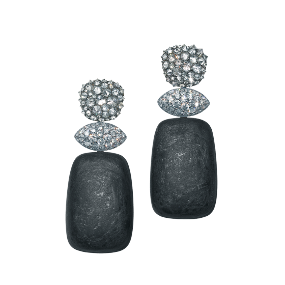 ELEMENTS Earring three-piece slide earring diamond-earring made of slate cabochons slide-plate jewelry and gray diamonds diamond-jewelry diamond collections in 750 white gold gold slide jewelry gemstone earrings