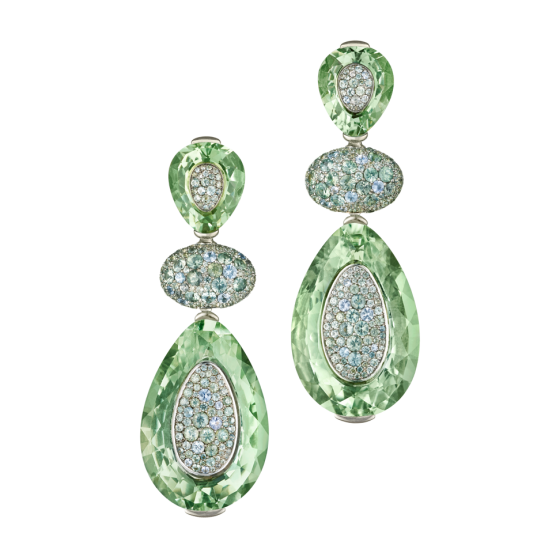 MEADOW GLADES Three Piece Earrings Meadow Dresses Prasiolite Earring Sapphire-Earring with Teardrop Shaped Prasiolites Sapphires White Gold Invisible Change Mechanism Trinity Transformers Prasiolite Sapphire-Gold-Earrings Gemstone Earrings