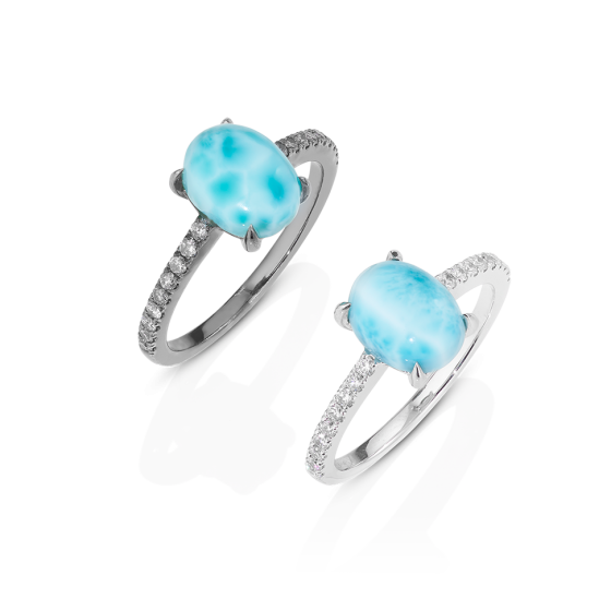 DIAMOND SEA Ring Larimar-Cabochon Diamanten Diamant-Ring Weiße-Diamanten Graue-Diamanten Larimar Filigran-Ring Meerblau Sommer-Ring Cocktail-Ring Rinons Edelstein-aus-der-Karibik