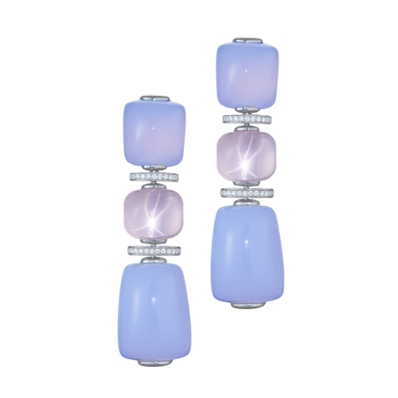 SORBETTO Earrings chalcedony-earrings rose-quartz-earrings diamond-earrings with chalcedony star rose quartz white diamonds in 750 white-gold custom made chalcedony star rose quartz diamond-earrings exclusive jewelry