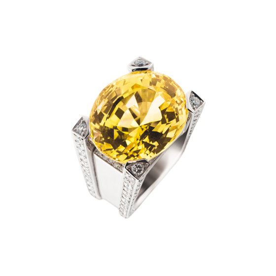 DAYLIGHT Ring daylight oval faceted yellow Sri Lanka sapphire 49.5 carats diamonds columns 750/000 white gold set precious ring custom made unique