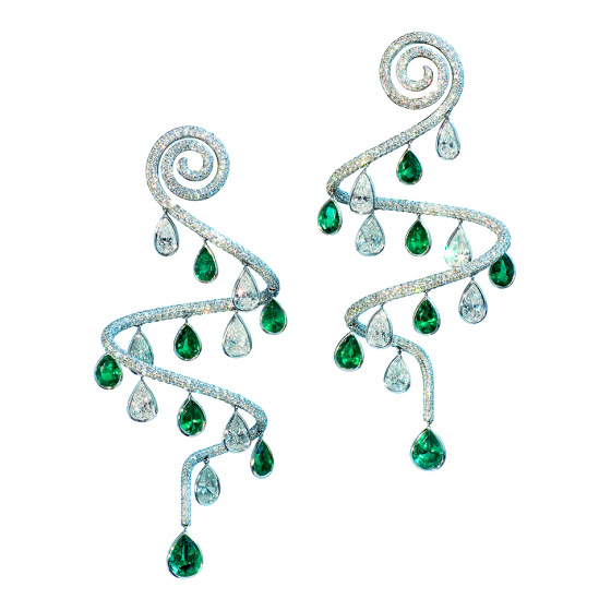 DROPS OF LIFE Earrings drop-of-life diamond set diamond earring emerald drop emerald earring diamond emerald earrings 750/000 white gold white gold earrings gold earrings custom made length 7 cm